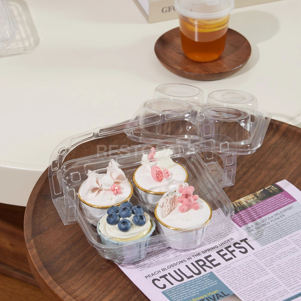4-Cupcake Box with Detachable Lid and Transparent Handle