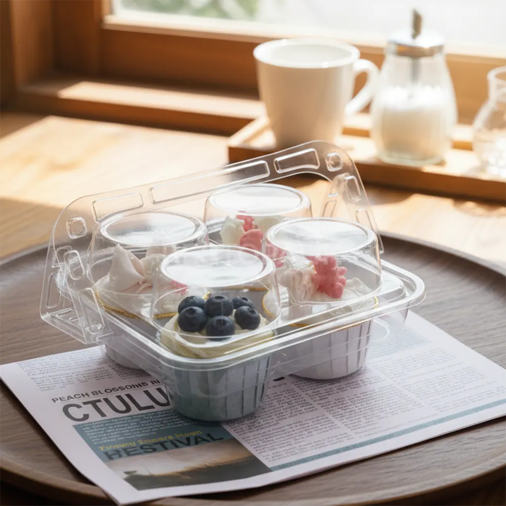 4-Cupcake Box with Detachable Lid and Transparent Handle