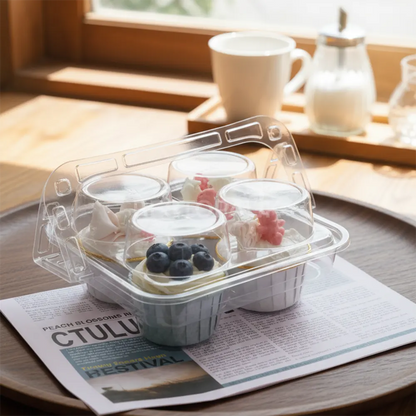 4-Cupcake Box with Detachable Lid and Transparent Handle