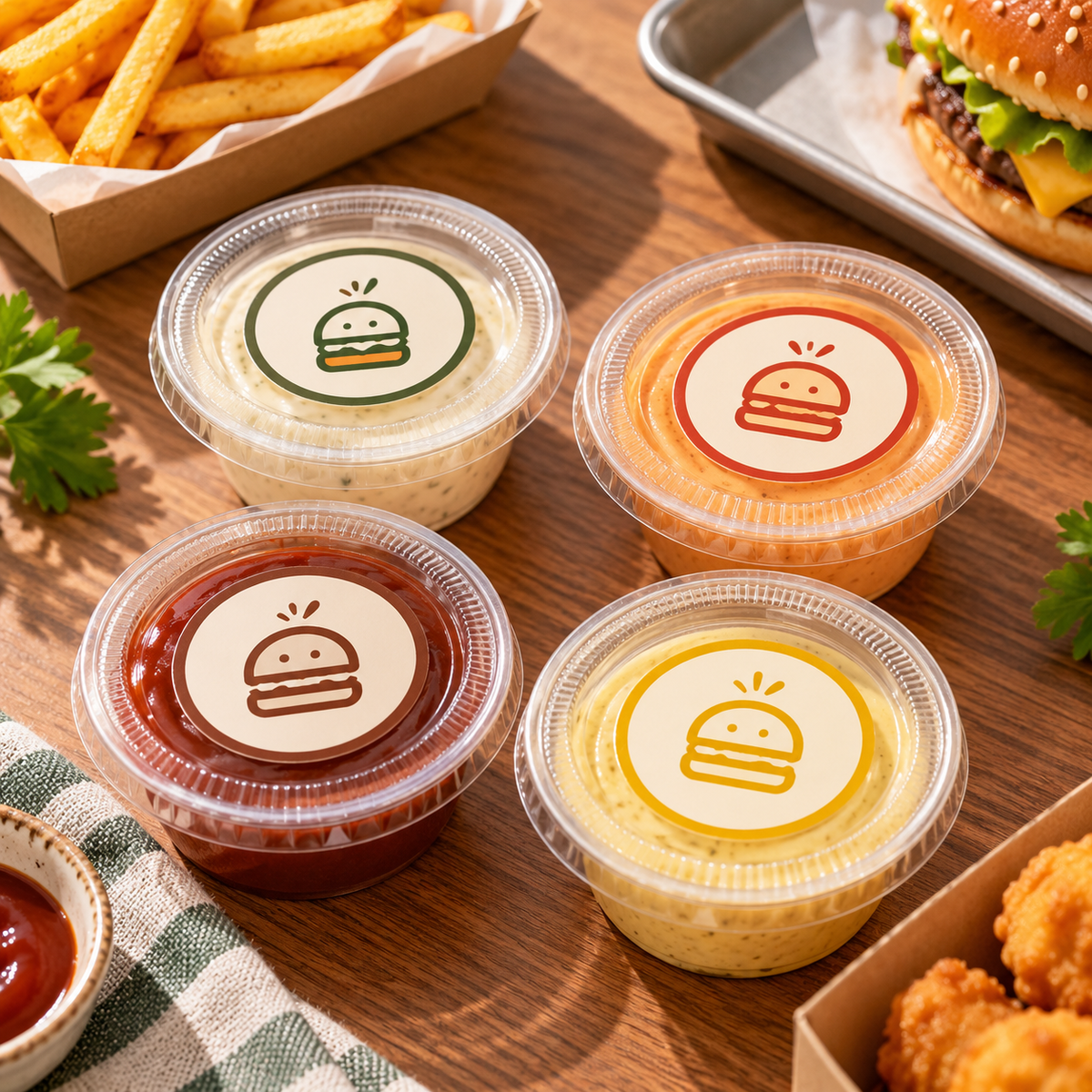 Clear Plastic Portion Cups with Separate PET Lids and Custom Round Stickers