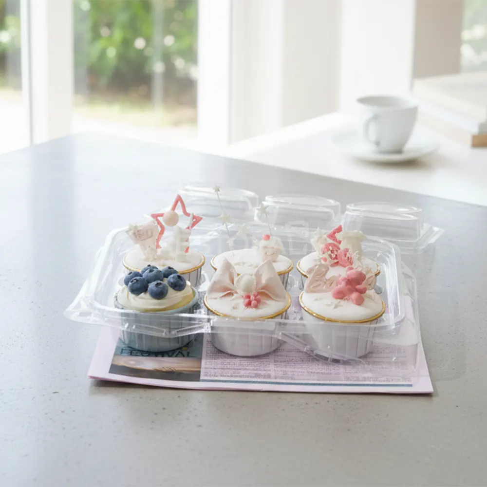 6-Cupcake Box with Detachable Lid and Transparent Handle