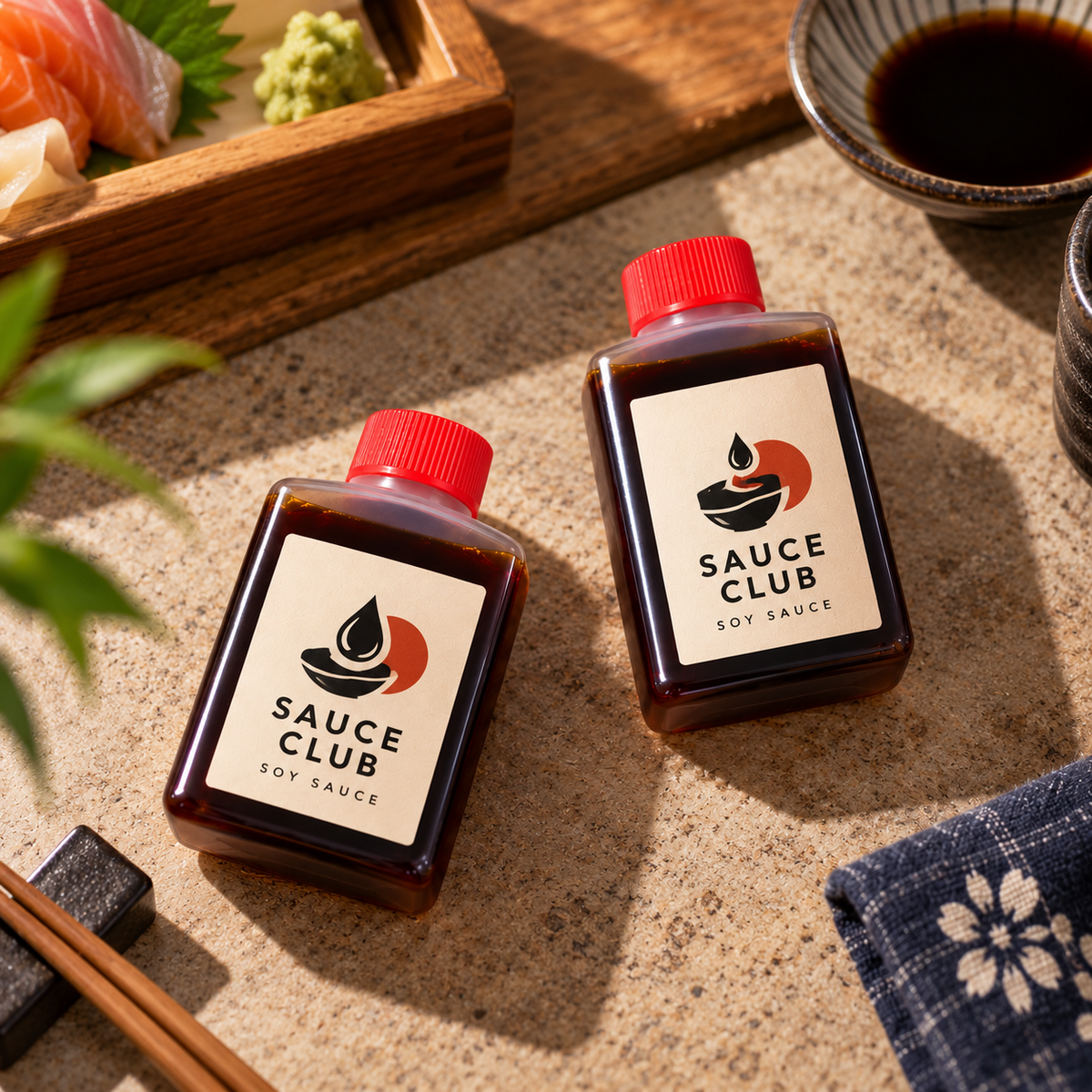 Mini Plastic Soy Sauce Bottles with Red Caps and Custom Stickers