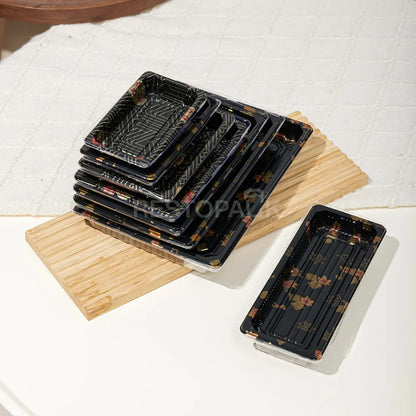 7 3/16" × 5" Clear Lid Plastic Sushi Trays with Printed Base