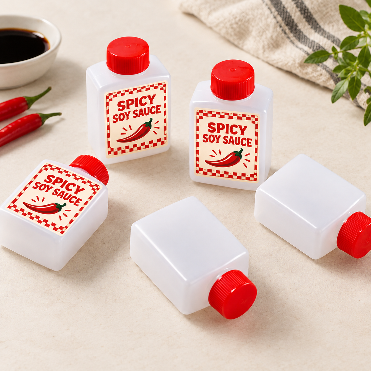 Mini Plastic Soy Sauce Bottles with Red Caps and Custom Stickers