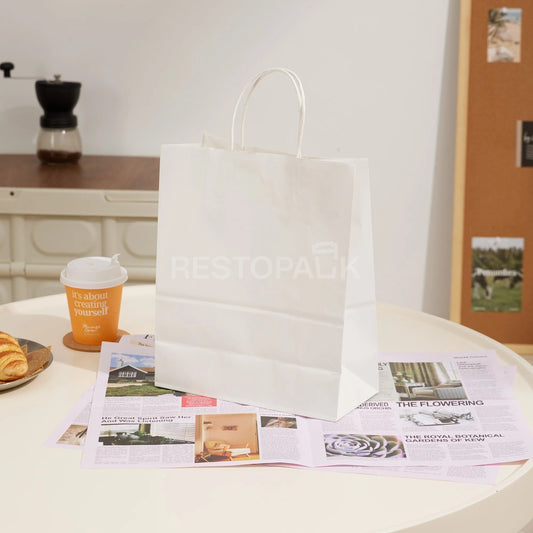 8 1/4" × 4 5/16" × 10 5/8" Tall White Kraft Paper Bag with Handles