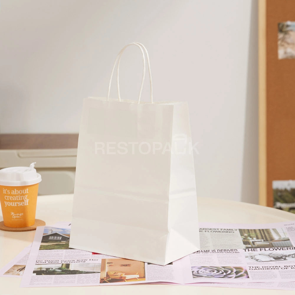 8 1/4" × 4 5/16" × 10 5/8" Tall White Kraft Paper Bag with Handles