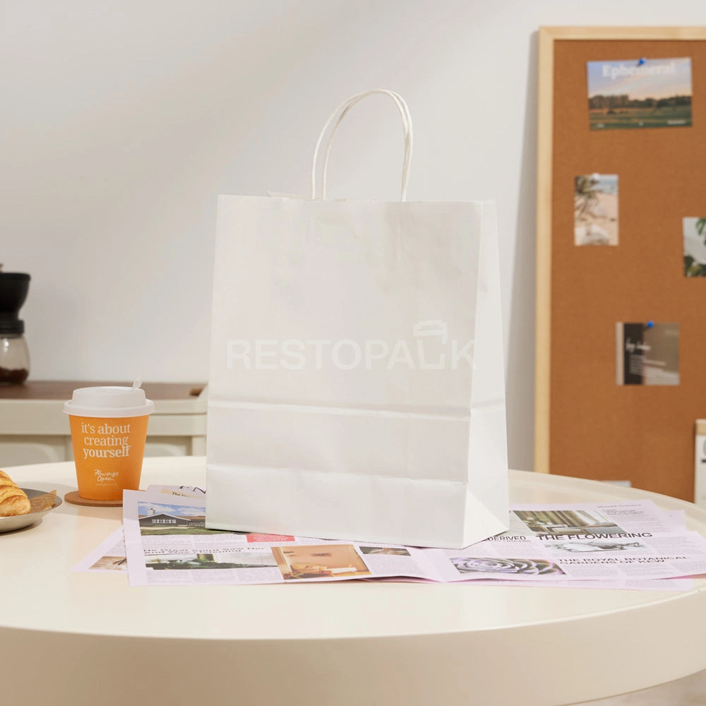 8 1/4" × 4 5/16" × 10 5/8" Tall White Kraft Paper Bag with Handles