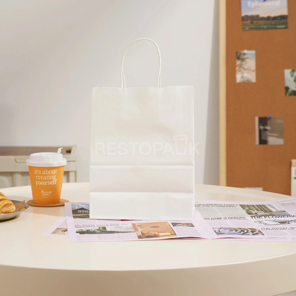 8 1/4" × 4 5/16" × 10 5/8" Tall White Kraft Paper Bag with Handles