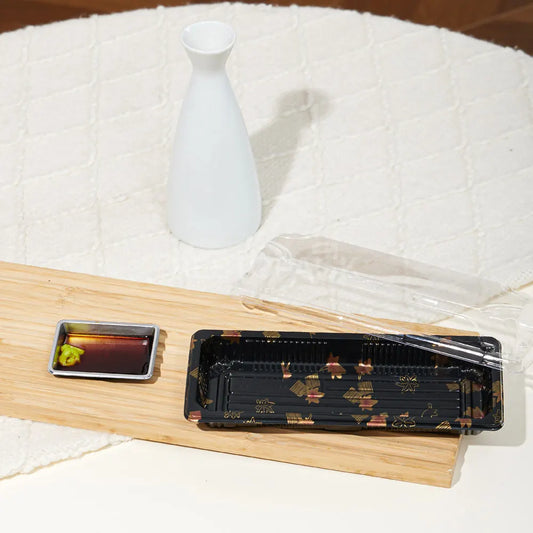 8 7/16" × 3 7/16" Clear Lid Plastic Sushi Trays with Printed Base