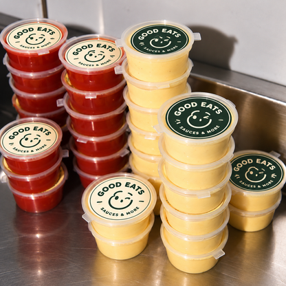 Clear Hinged Plastic Sauce Cups with Attached Lids and Custom Round Stickers