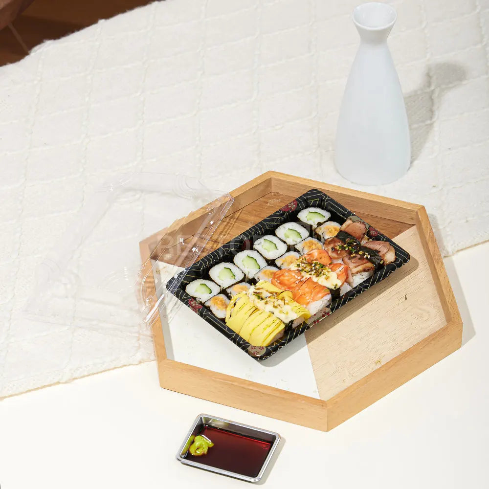 9 5/16" × 5 7/8" Clear Lid Plastic Sushi Trays with Printed Base