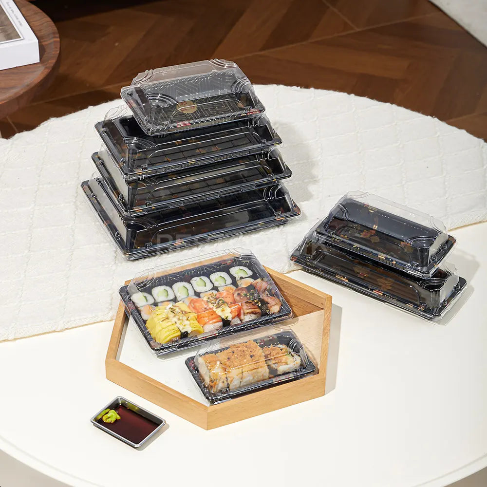 9 5/16" × 5 7/8" Clear Lid Plastic Sushi Trays with Printed Base