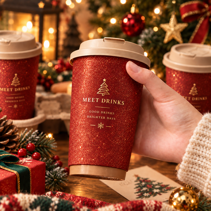 Custom Glitter Double Wall Paper Coffee Cups with Foil Stamped Logo