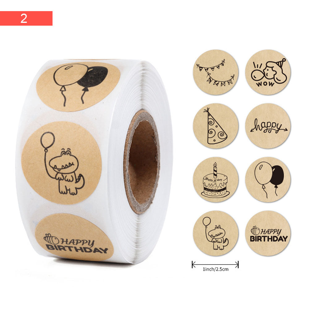 Birthday Design Kraft Paper Seal Sticker Roll - 500/Roll