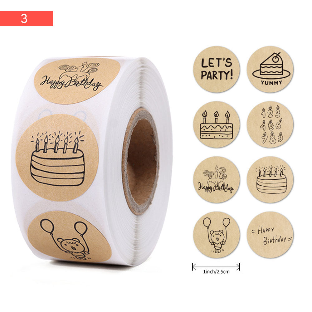 Birthday Design Kraft Paper Seal Sticker Roll - 500/Roll