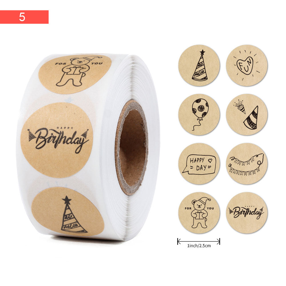 Birthday Design Kraft Paper Seal Sticker Roll - 500/Roll