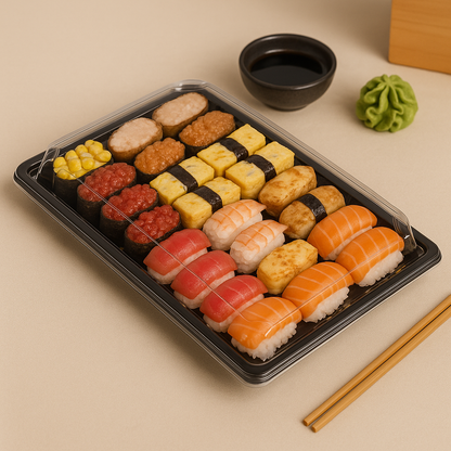 10 1/16" × 7 5/16" Clear Lid Plastic Sushi Trays with Printed Base