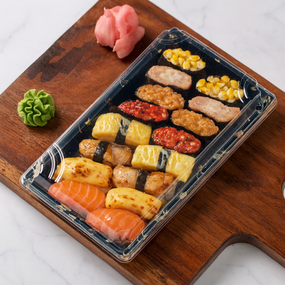 9 5/16" × 5 7/8" Clear Lid Plastic Sushi Trays with Printed Base