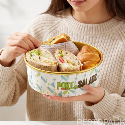 Custom Printed Colorful Paper Food Bowl with Gold Rim