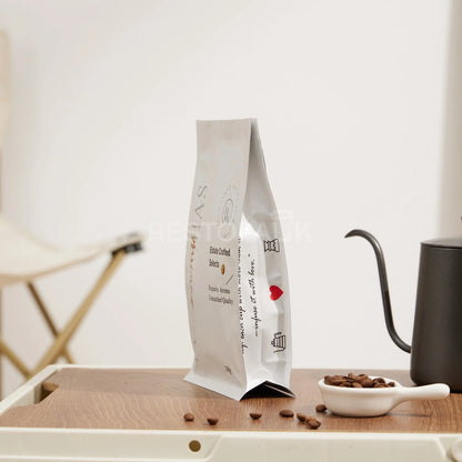 Glossy White Eight-Side Seal Coffee Bag with Valve & Side Printing