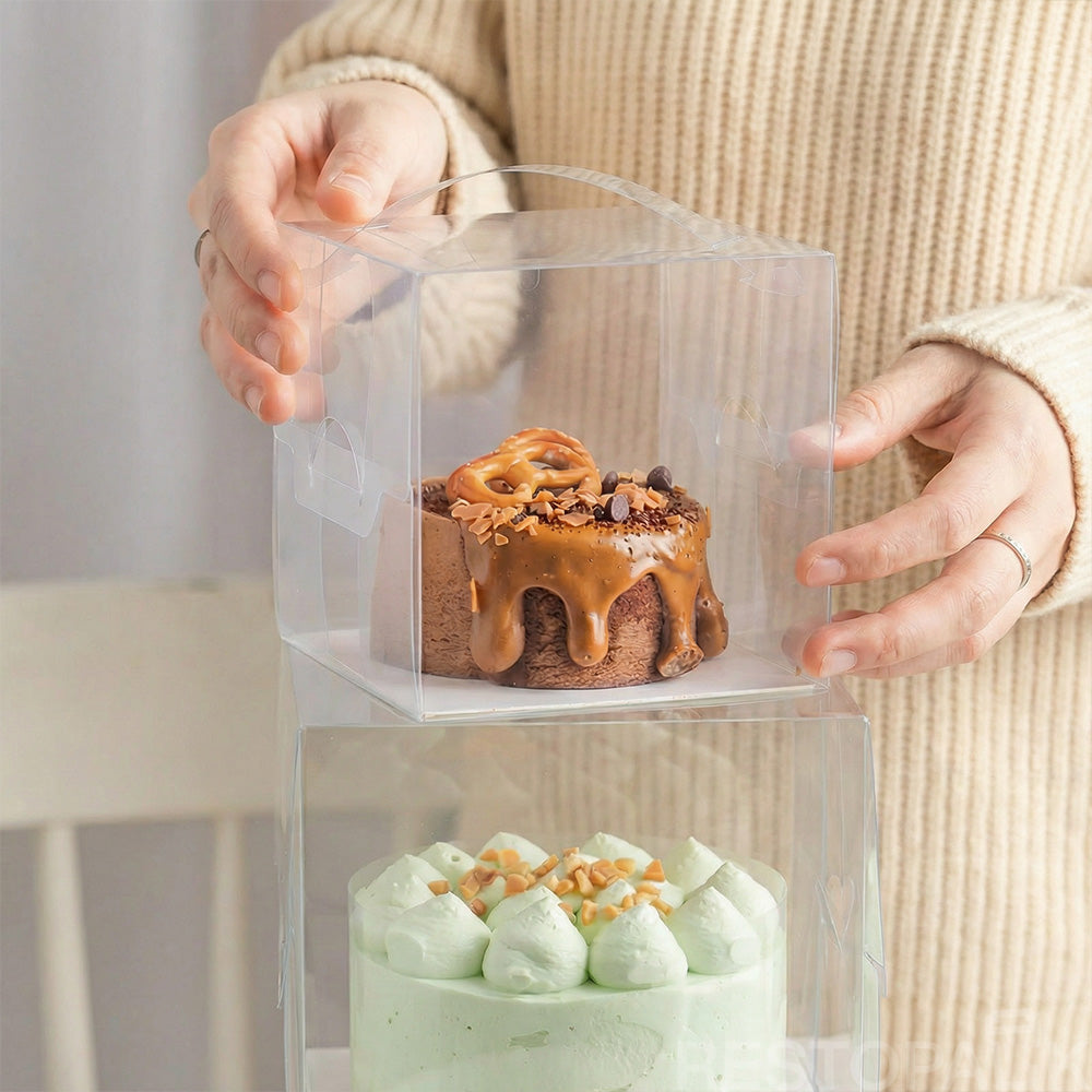 Clear PET Handheld Cake Box (2" & 4") – Durable Carry Handle Packaging