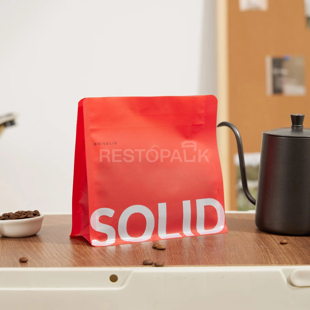 Matte Textured Red Flat Bottom Coffee Bag with Peel & Reseal Zipper