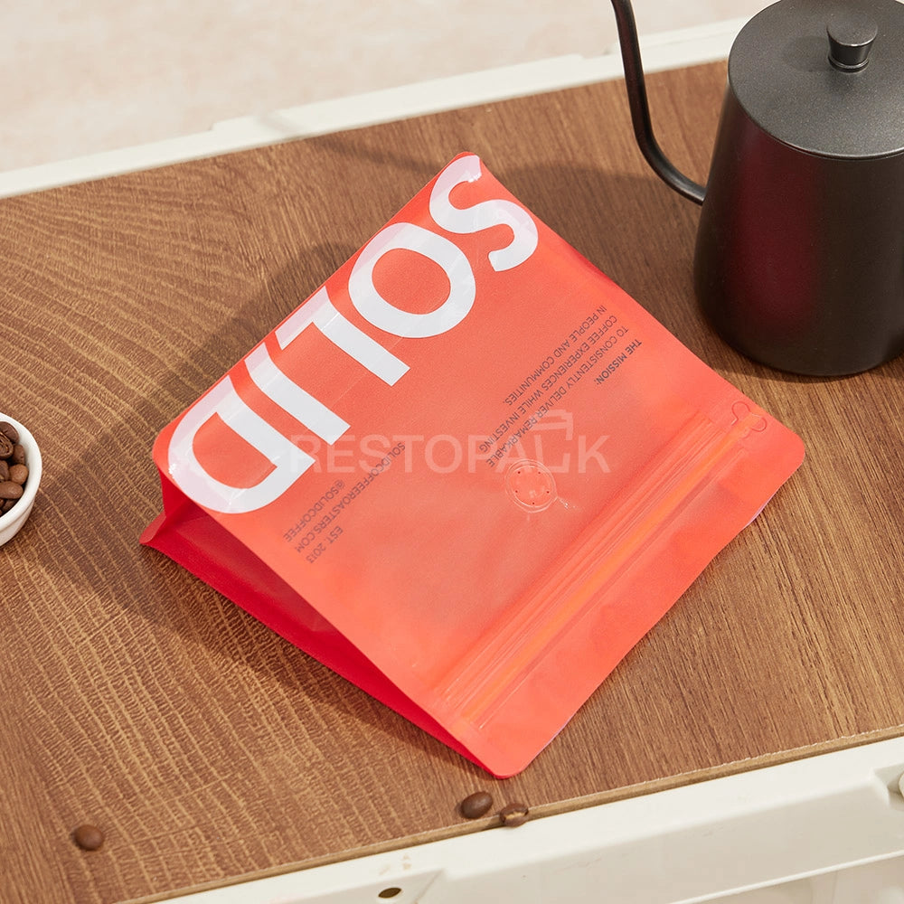 Matte Textured Red Flat Bottom Coffee Bag with Peel & Reseal Zipper