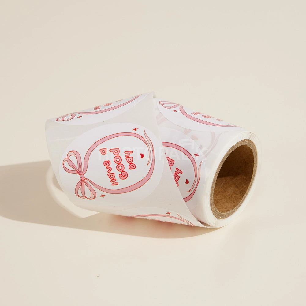 Oval Black White Design & Pink Bow Seal Sticker Roll - 120/Roll