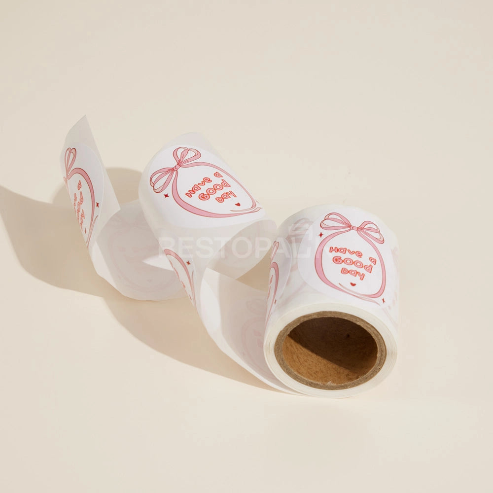 Oval Black White Design & Pink Bow Seal Sticker Roll - 120/Roll
