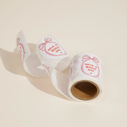 Oval Black White Design & Pink Bow Seal Sticker Roll - 120/Roll