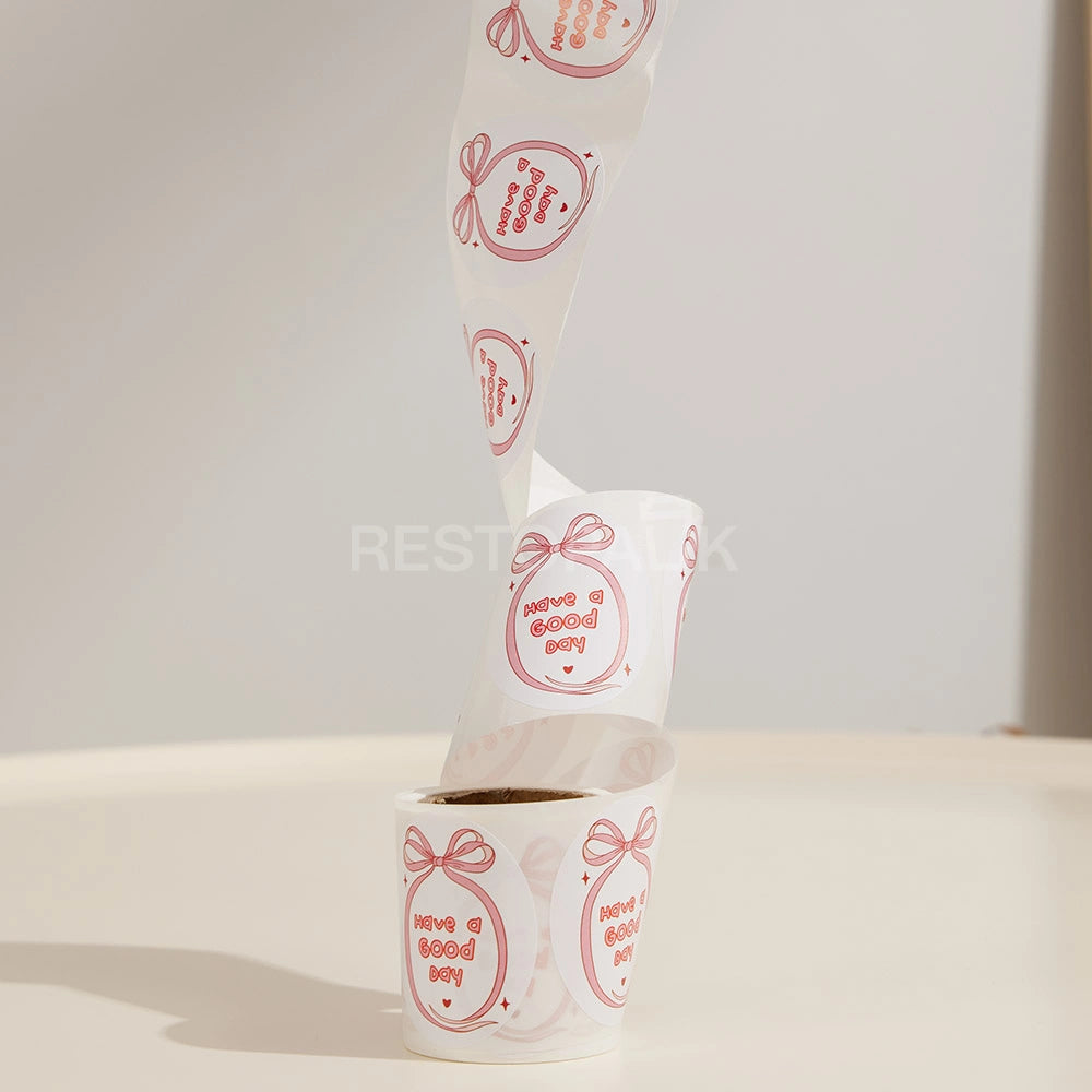 Oval Black White Design & Pink Bow Seal Sticker Roll - 120/Roll