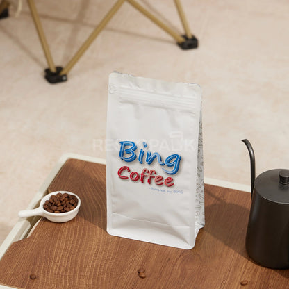 White Eight-Side Seal Coffee Bag with Zipper & Side Print
