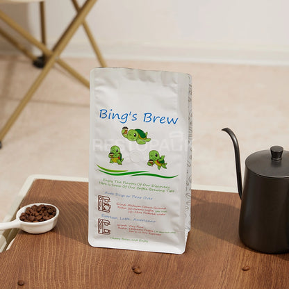 White Eight-Side Seal Coffee Bag with Zipper & Side Print