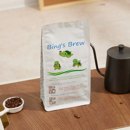 White Eight-Side Seal Coffee Bag with Zipper & Side Print