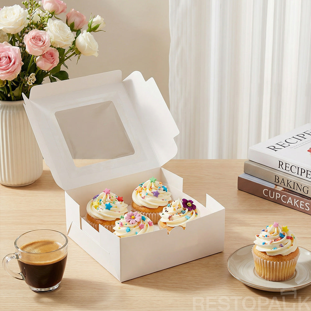 White Window Cupcake / Muffin Box with 4 Slot Insert