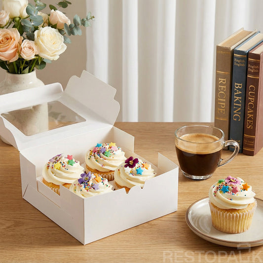 White Window Cupcake / Muffin Box with 4 Slot Insert