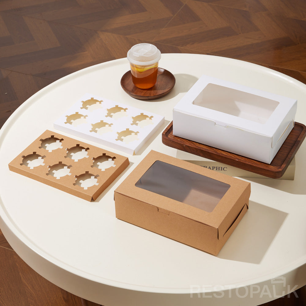 White Window Cupcake / Muffin Box with 6 Slot Insert