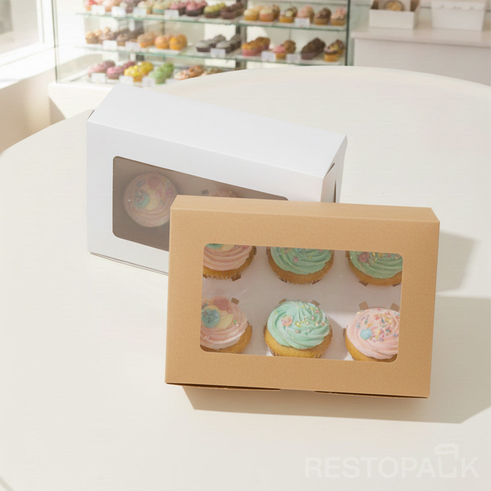Kraft Window Cupcake / Muffin Box with 6 Slot Insert