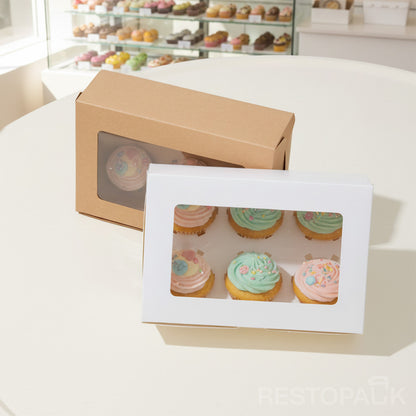 White Window Cupcake / Muffin Box with 6 Slot Insert