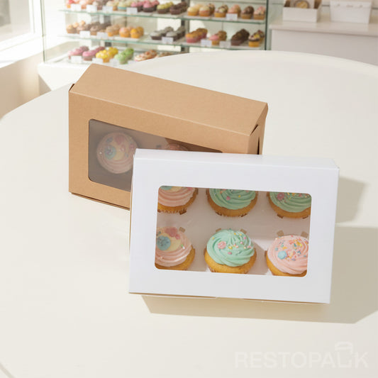 White Window Cupcake / Muffin Box with 6 Slot Insert