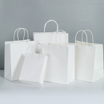 10 3/16" × 4 11/16" × 12 3/16" Tall White Kraft Paper Bag with Handles