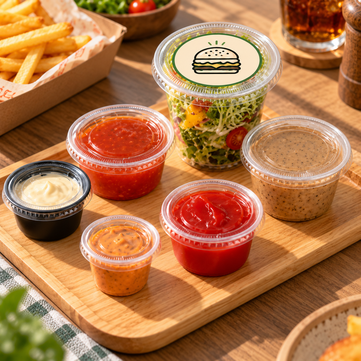 Clear Plastic Portion Cups with Separate PET Lids and Custom Round Stickers