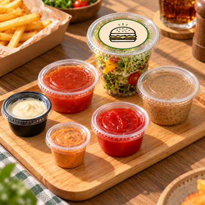 Clear Plastic Portion Cups with Separate PET Lids and Custom Round Stickers