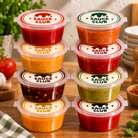 Clear Hinged Plastic Sauce Cups with Attached Lids and Custom Round Stickers