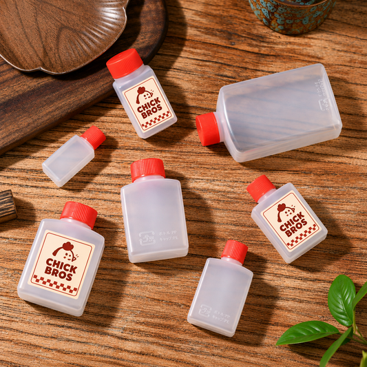 Mini Plastic Soy Sauce Bottles with Red Caps and Custom Stickers
