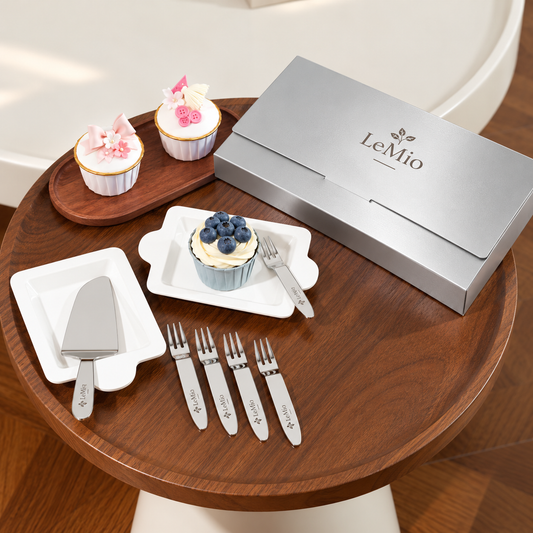 Stainless Steel Cake Cutlery Set – 5 Forks, 5 Plates & Knife